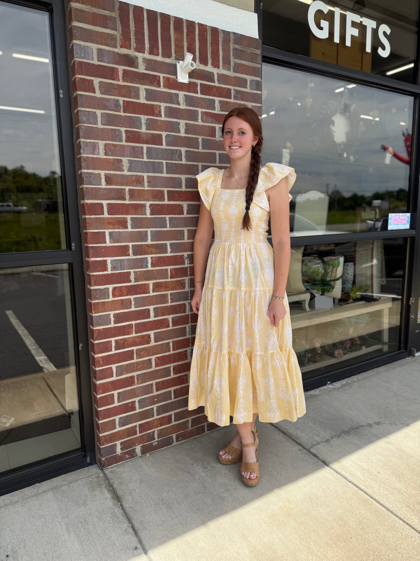 Golden Smocked Maxi Dress With Flutter Sleeves