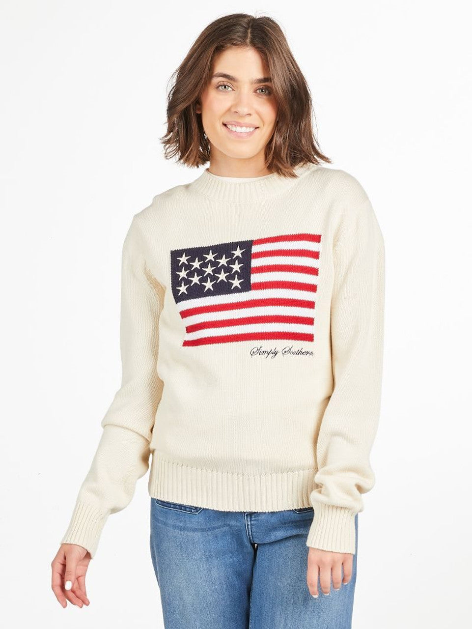 Simply Southern Cream Preppy USA Flag Sweater