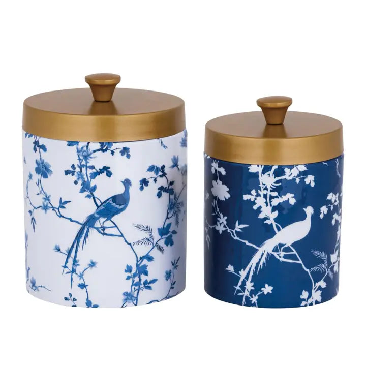 Metal Canister Chinoiserie W Gold Lid Set