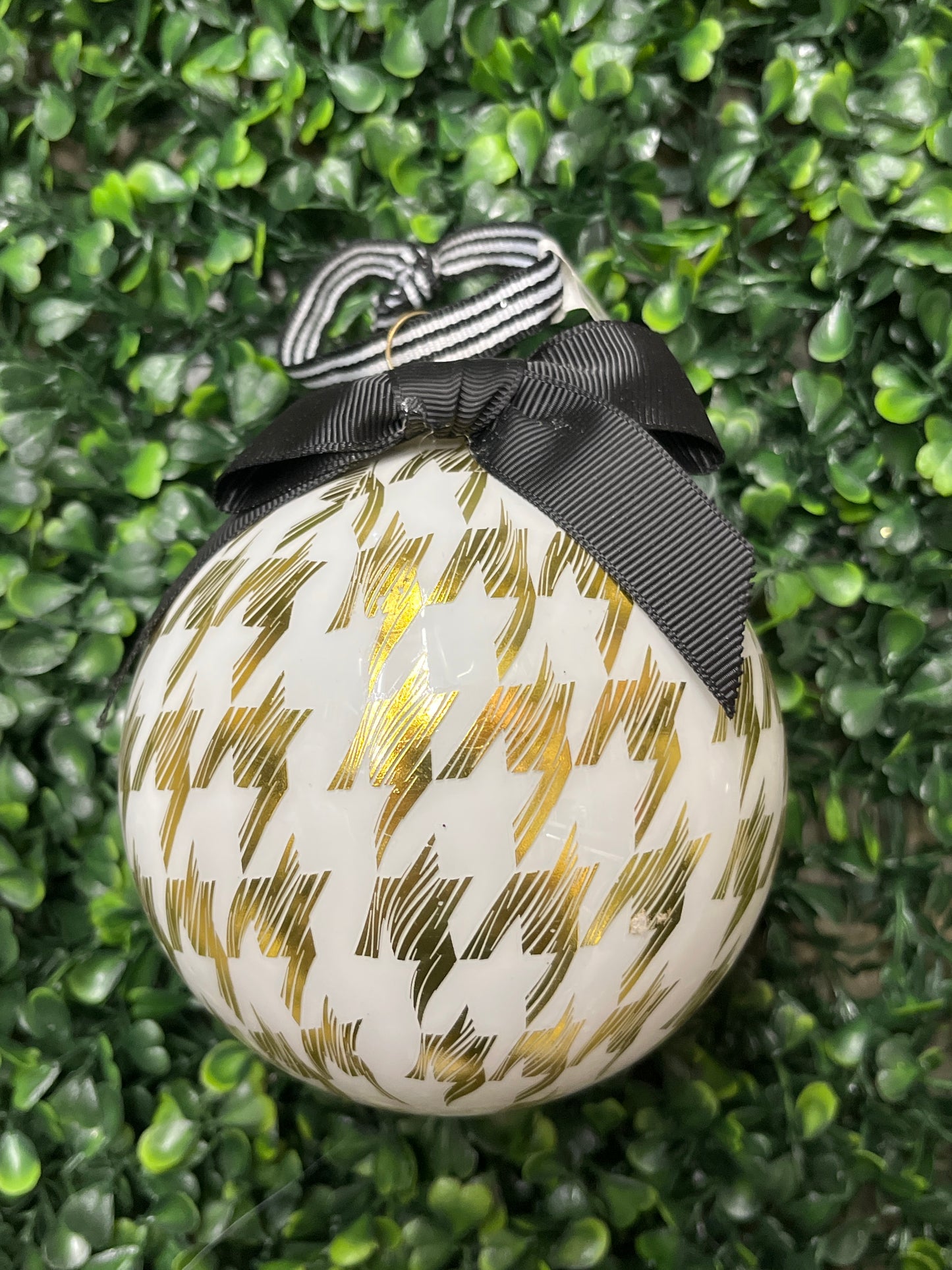White Houndstooth Glass Ball Ornament Black Bows