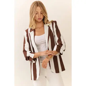 ODDI Vertical Stripe Relaxed Blazer- Chocolate White
