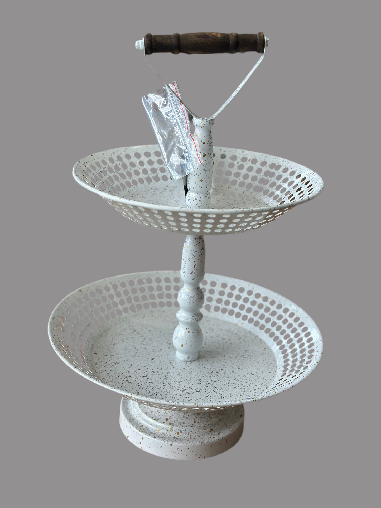 Round White Gold Silver Flecked Two Tier Stand