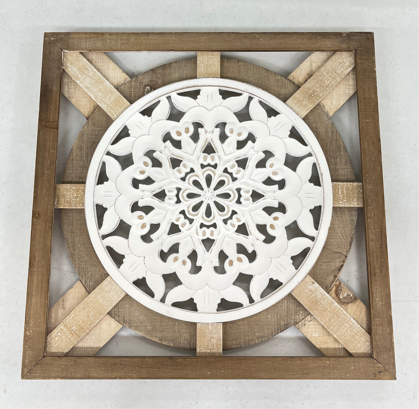 Wooden Square Picture With White Medallion