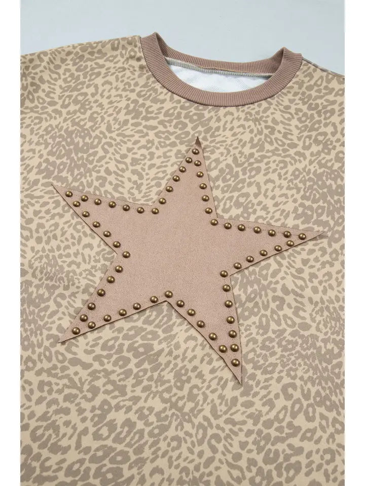 Leopard Print Star Patch Loose 2 Piece Pants Set