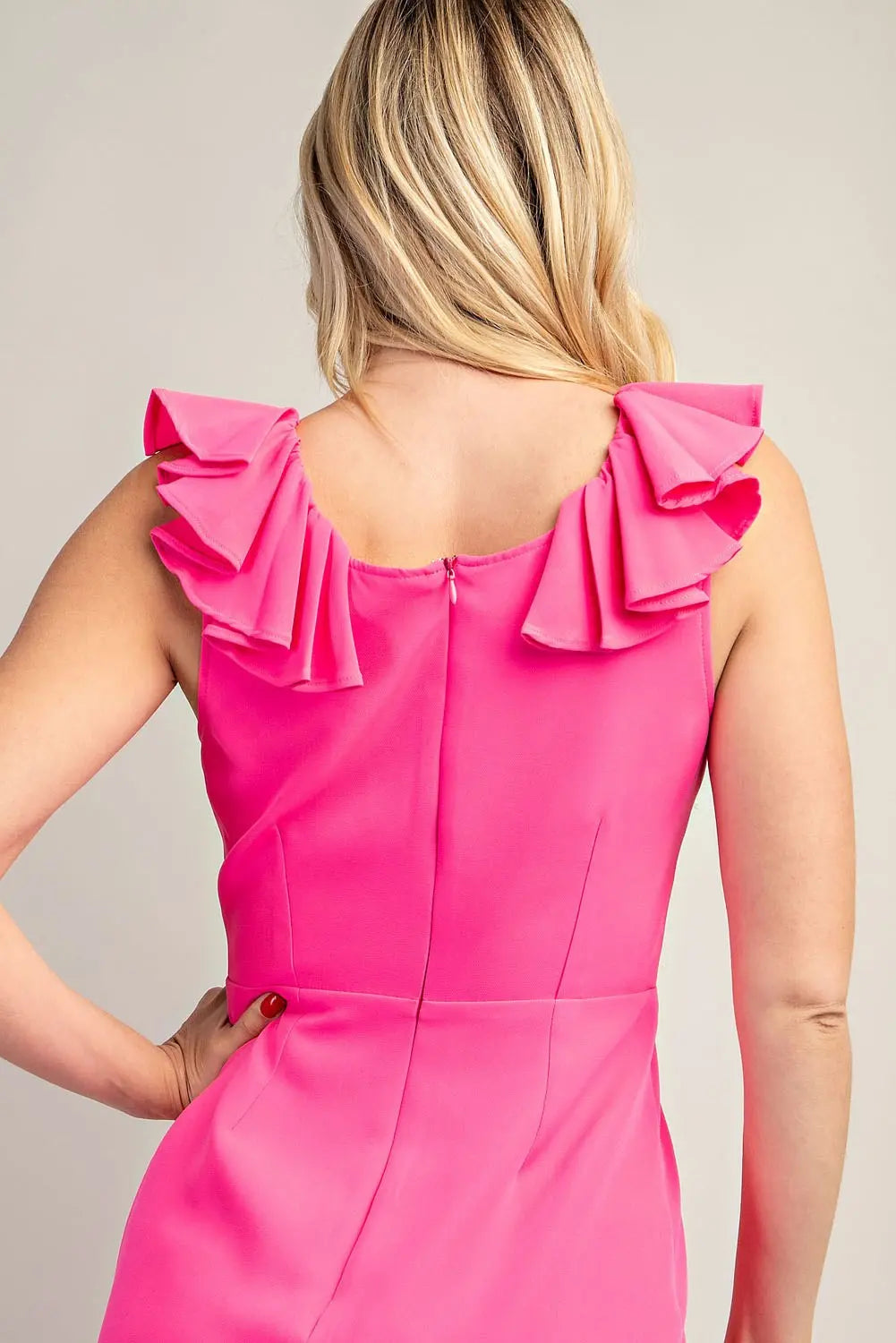 Pink Ruffle Cap Sleeve V Neck Dress