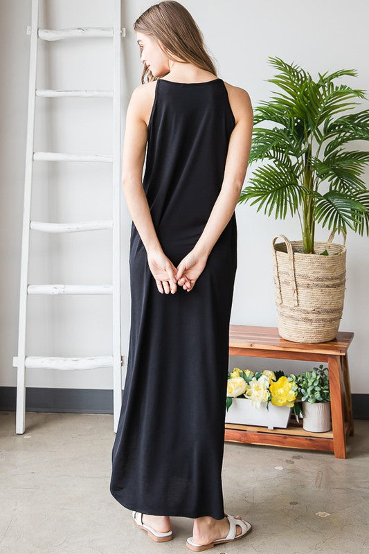 Solid Black Bulgari Maxi Dress With Pocket And Slit