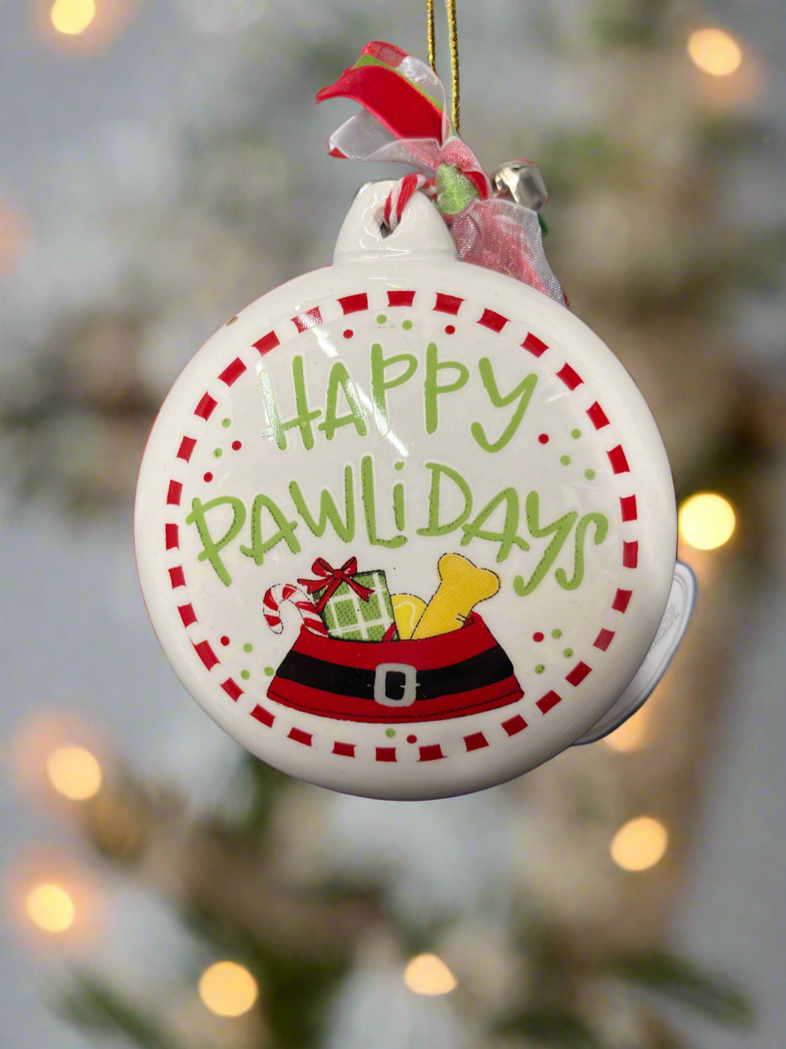 ML Happy Pawlidays Round Ceramic Ornament