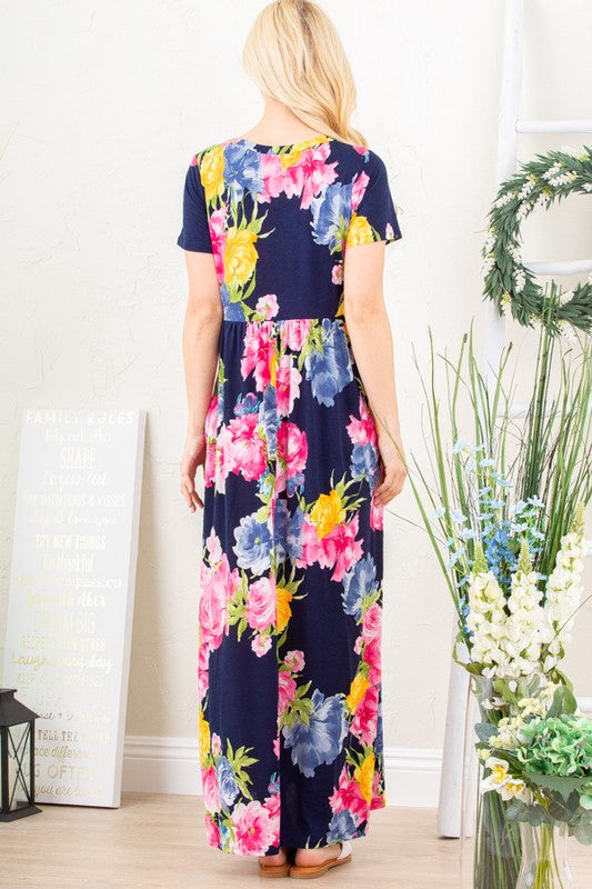 Navy Floral Print Maxi Dress