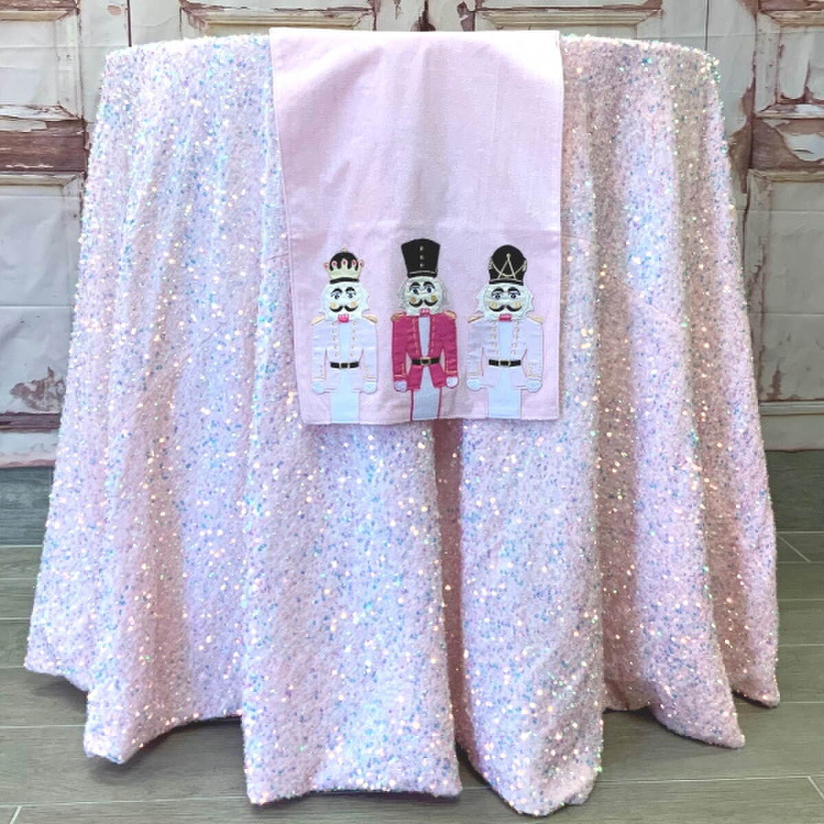 Light Pink Velvet Table Runner With Nutcrackers