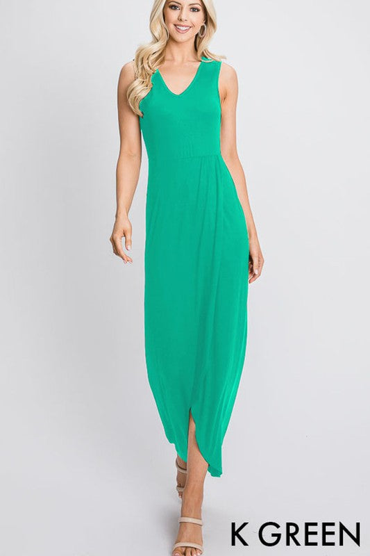 Sleeveless V Neck Solid Maxi Wrap Dress