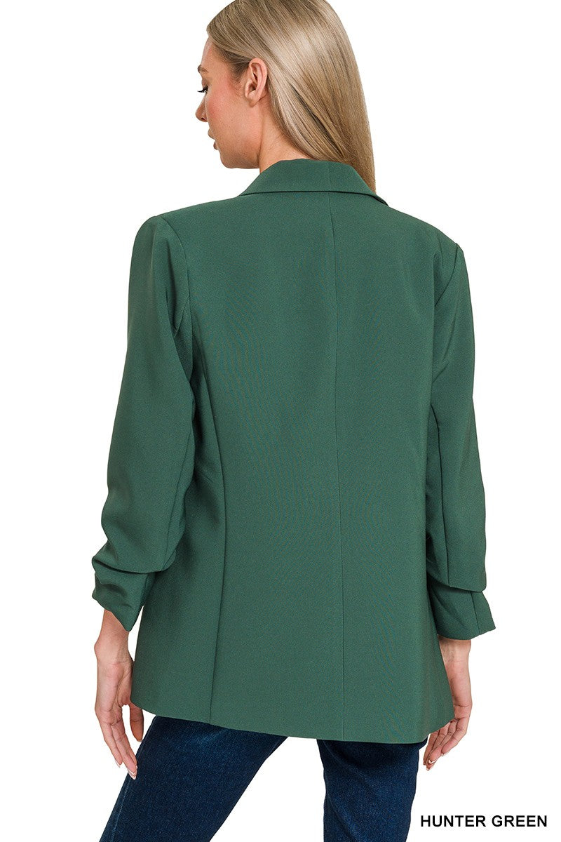 Woven 3/4 Ruched Sleeve Open Front Classic Blazer