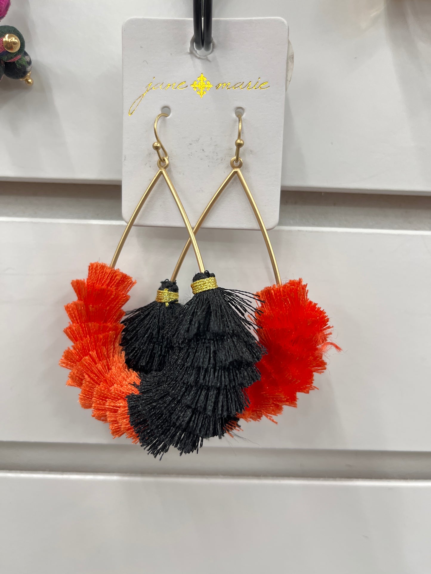 Orange & Black Tassel Fringe Teardrop Earrings
