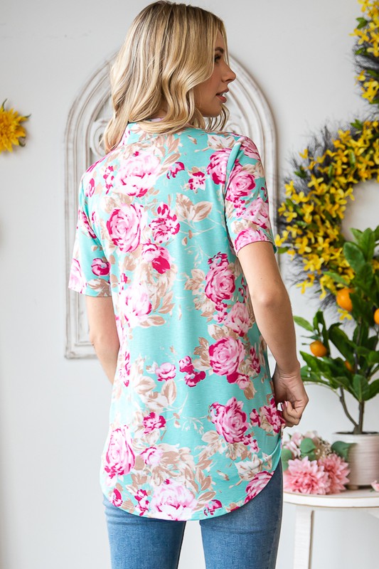 Mint Floral Top With Button Mandarin Collar