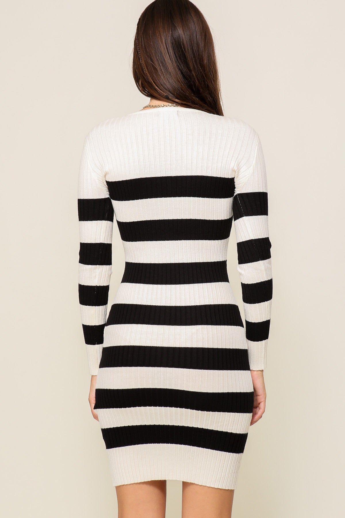 Cream & Black Striped Long Sleeve Rib Knit Sweater Dress