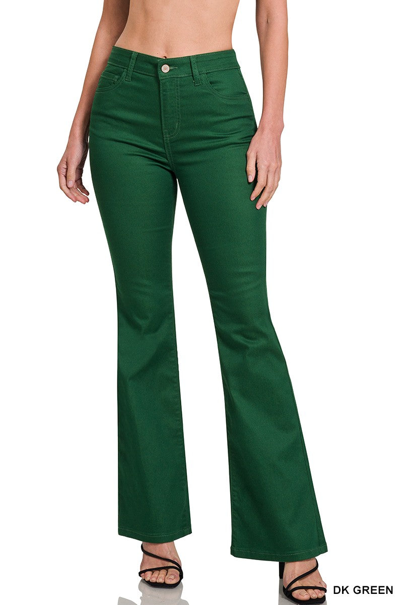 Zenana High-rise Bootcut Dark Green Color Denim Pants