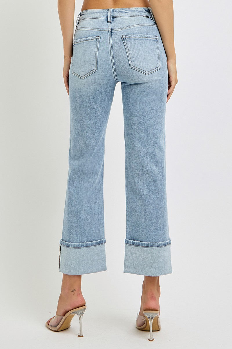High Rise Ankle Straight Wide Cuffed Jeans