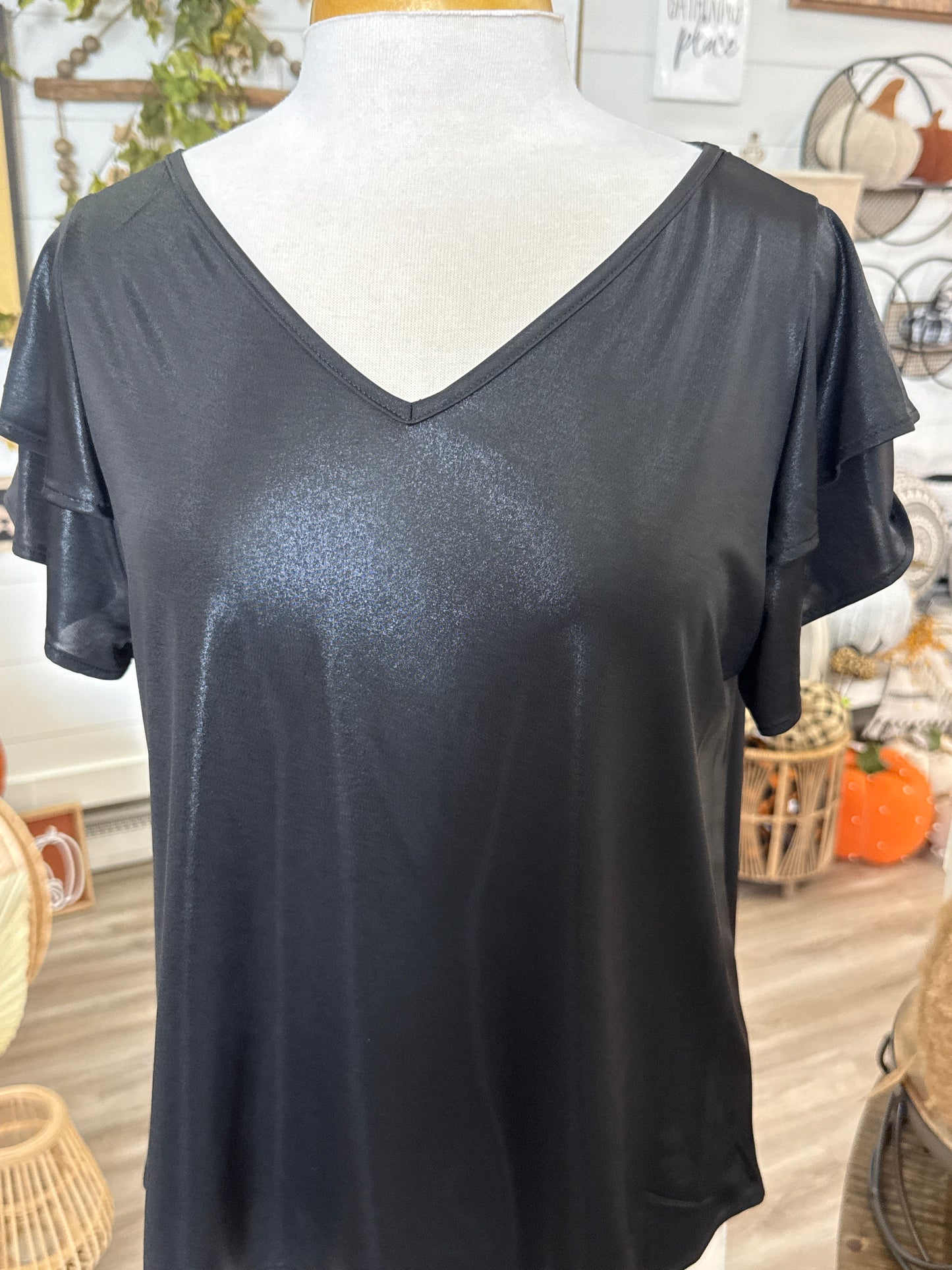 Black Shimmer Metallic Foil Short Sleeve Top