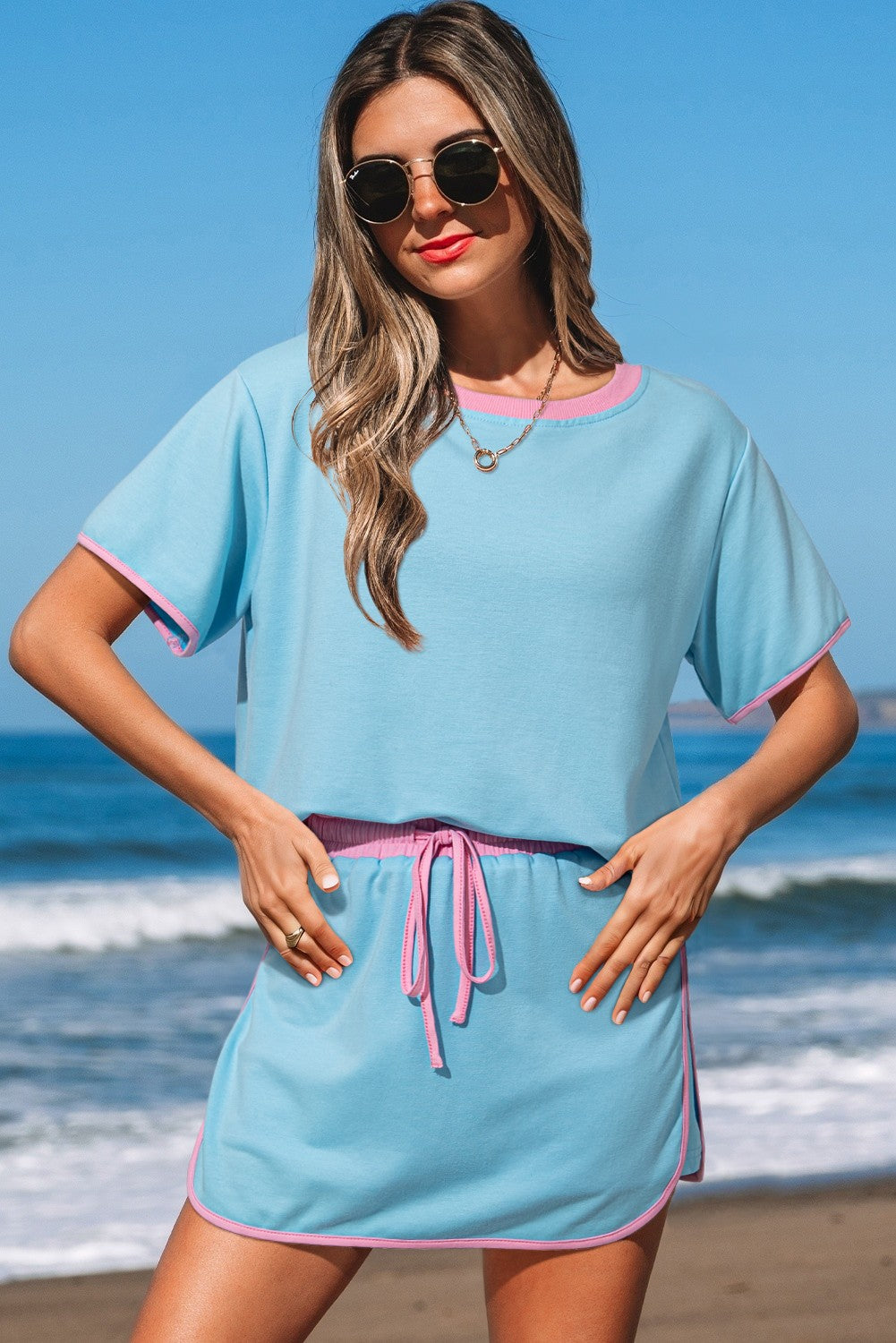 Colorblock Edge Drop Shoulder T-Shirt & Skirt Sets