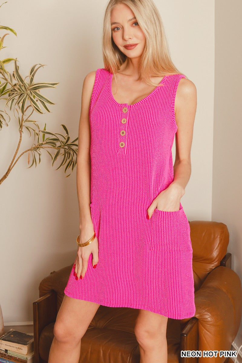 Corded Rib Sleeveless Tank Mini Dress W/pockets