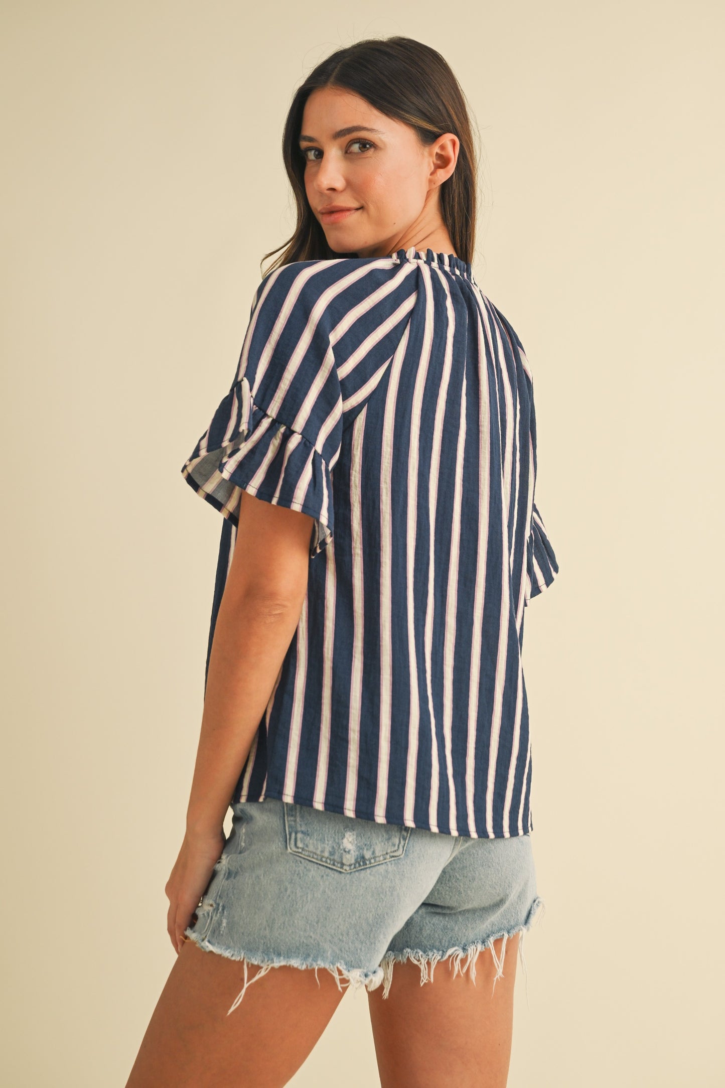 Stripe V-neck Ruffle Sleeve Blouse