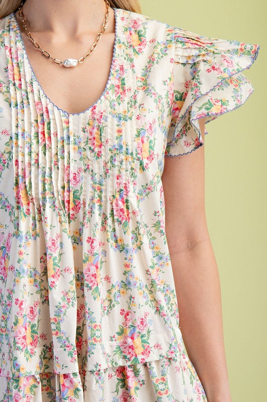 Cream Tiered Vintage Floral Print Dress