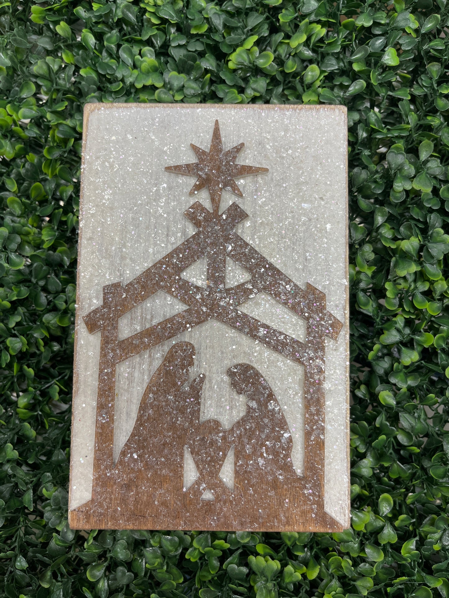 Wood Block Glitter Embossed Nativity