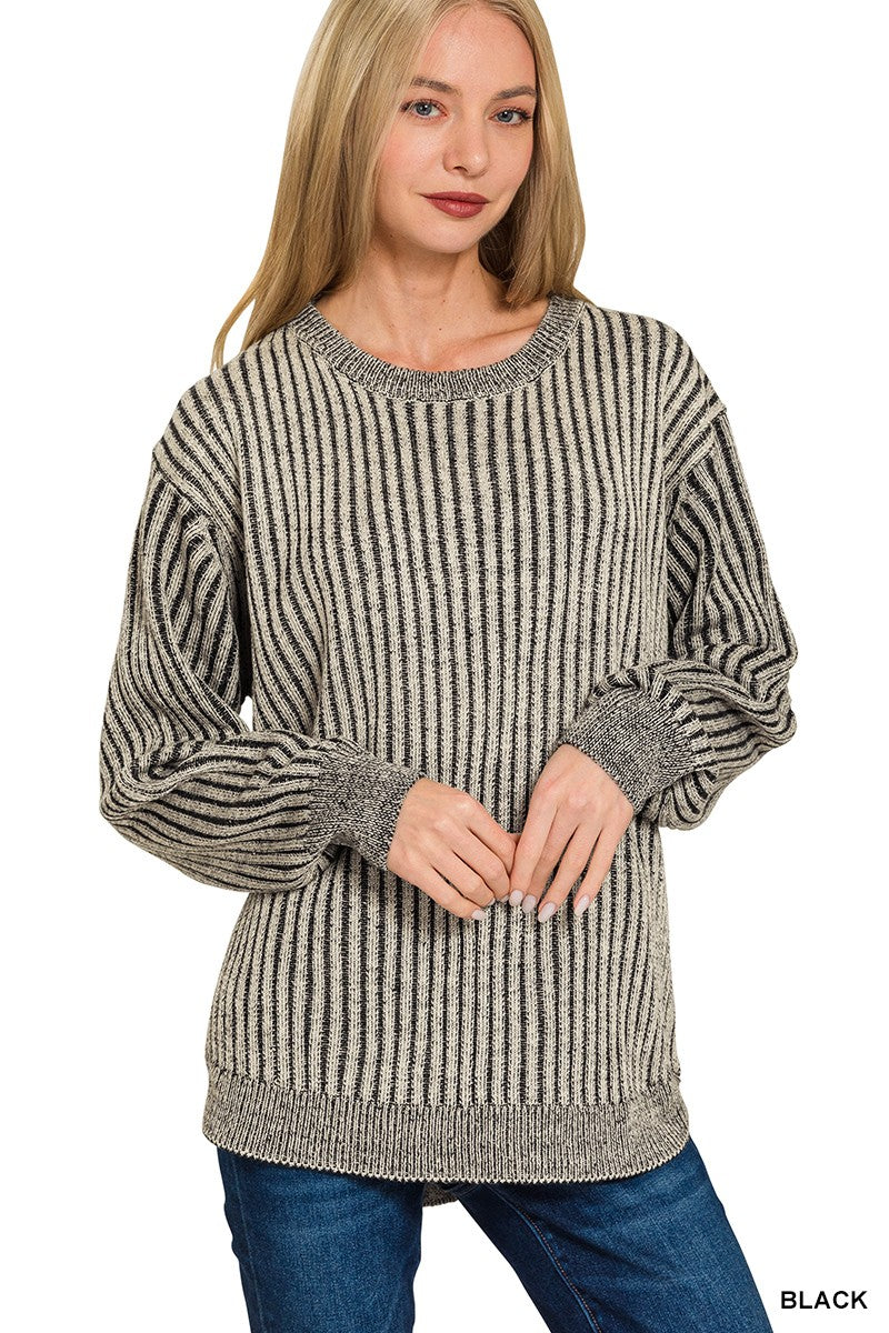 Black Curved Hem Two-tone Sweater