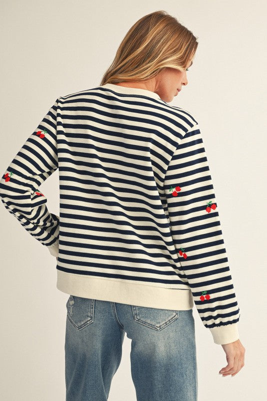 Cherry Embroidered Casual Navy Stripe Top