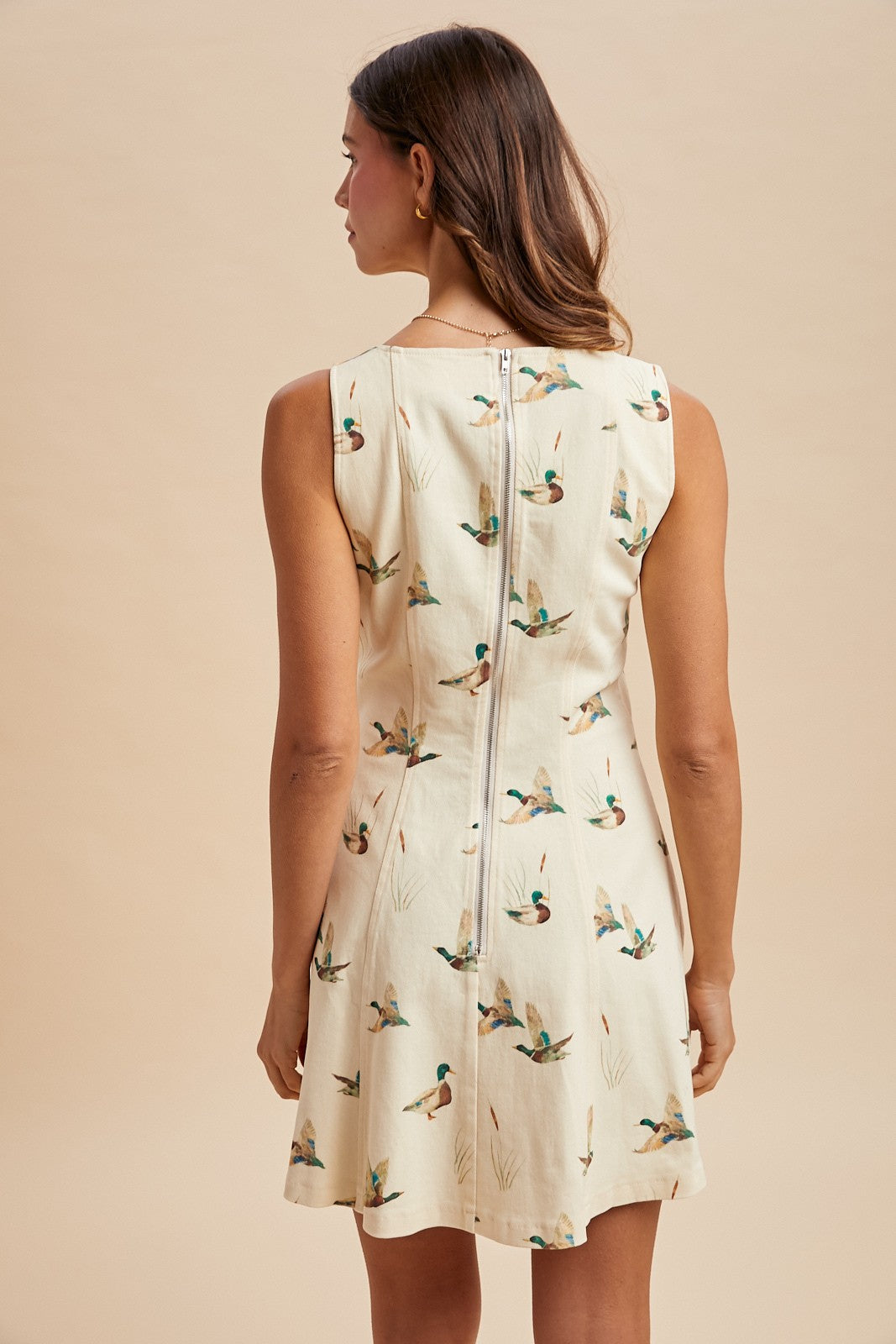 Mallard Print Stretch Denim Paneled Mini Dress