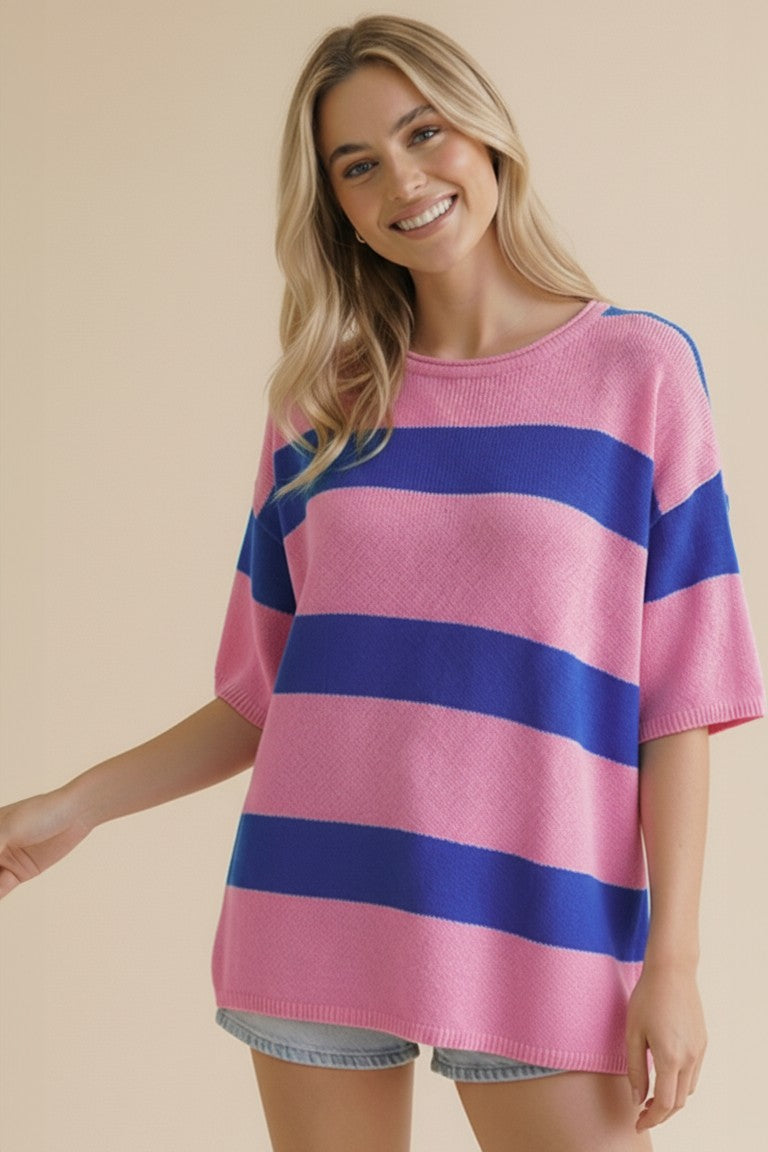 Round Neck Short Sleeve Stripe Sweater Top