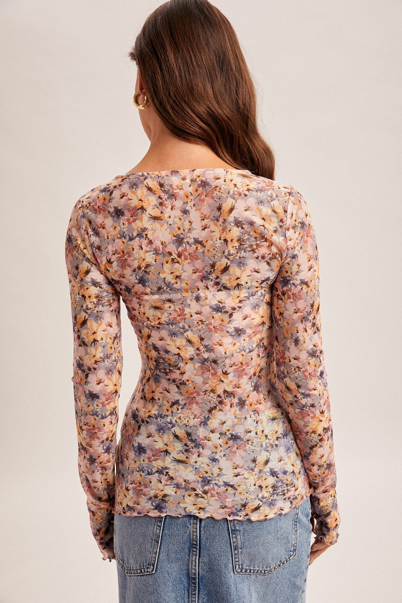 Floral Printed Mesh Long Sleeve Top