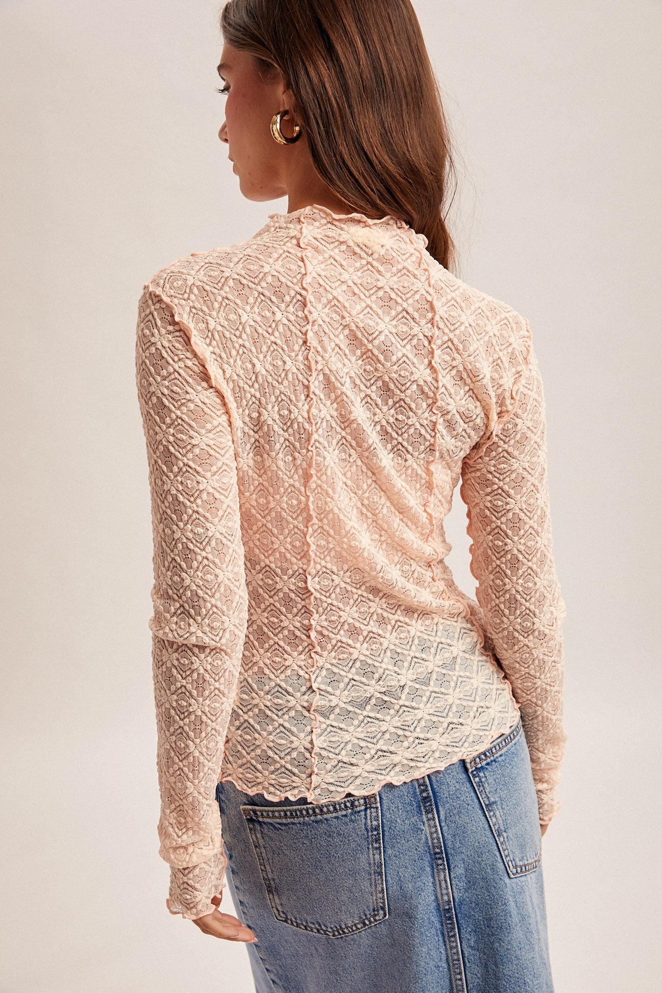 Blush Lettuce Trim Mock Neck Lace Top