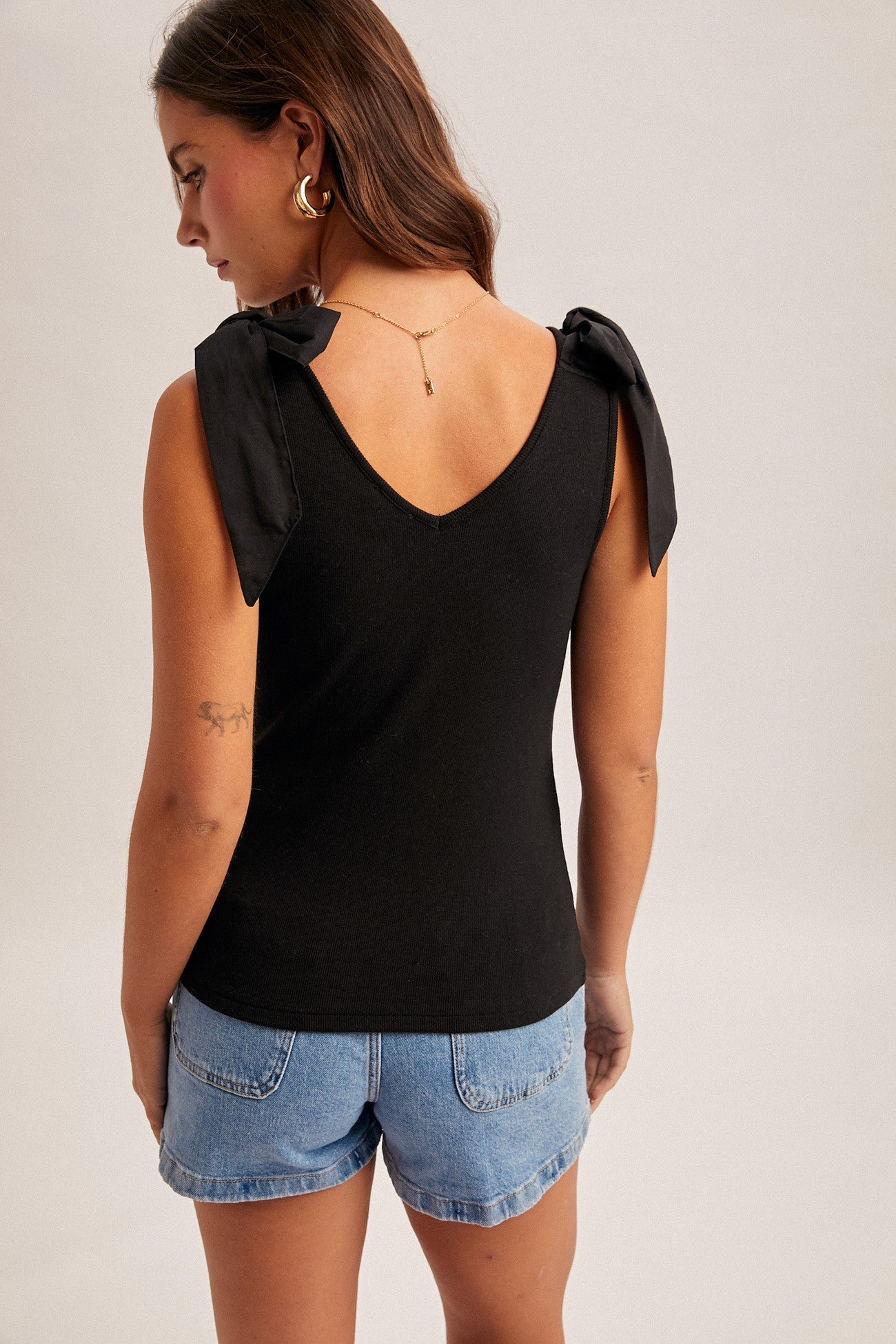Black Bow Tie Detail Sleeveless Ribbed Tank Top