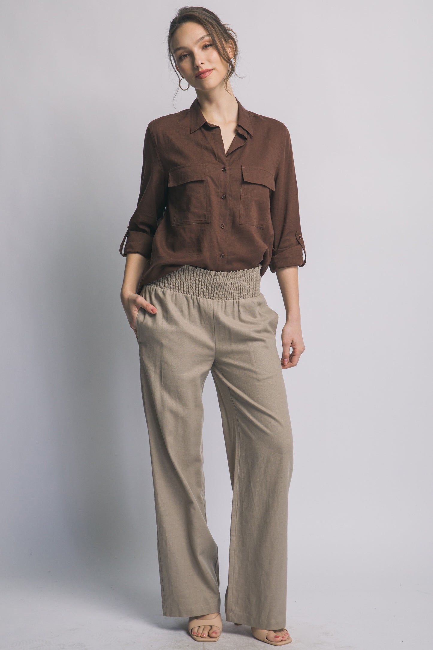 Smocked Wide-leg Linen Pants