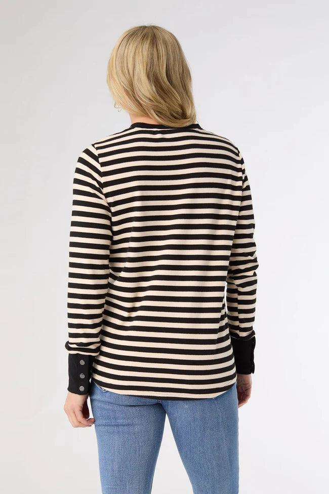 Alexis Super Soft Top with Snap Cuff- Black & Cream Stripe