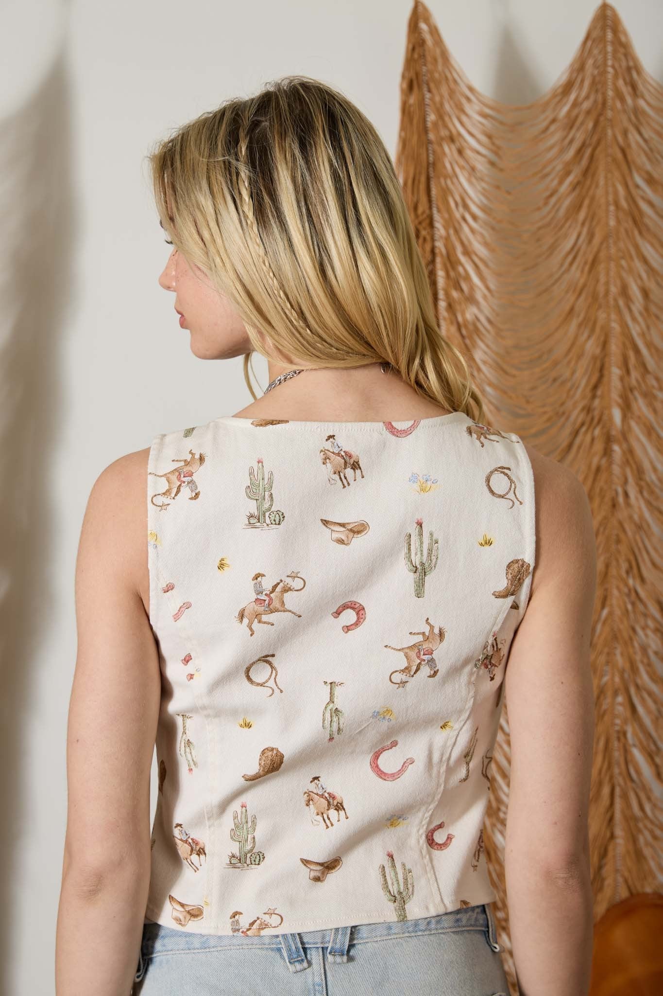 Cream Western Print Button Down Denim Vest Top