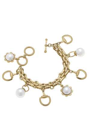 Elise Horsebits & Pearls Charm Bracelet in Shiny Gold