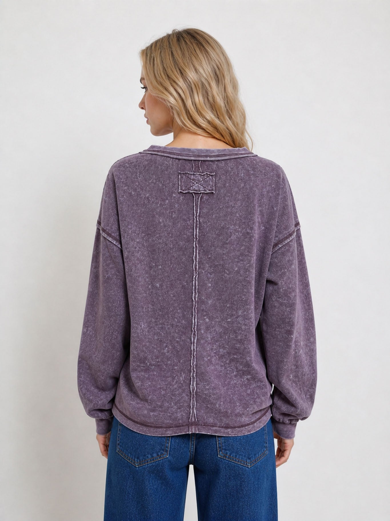 Eggplant Washed Inverted Seam Detail Long Sleeve Knit Top