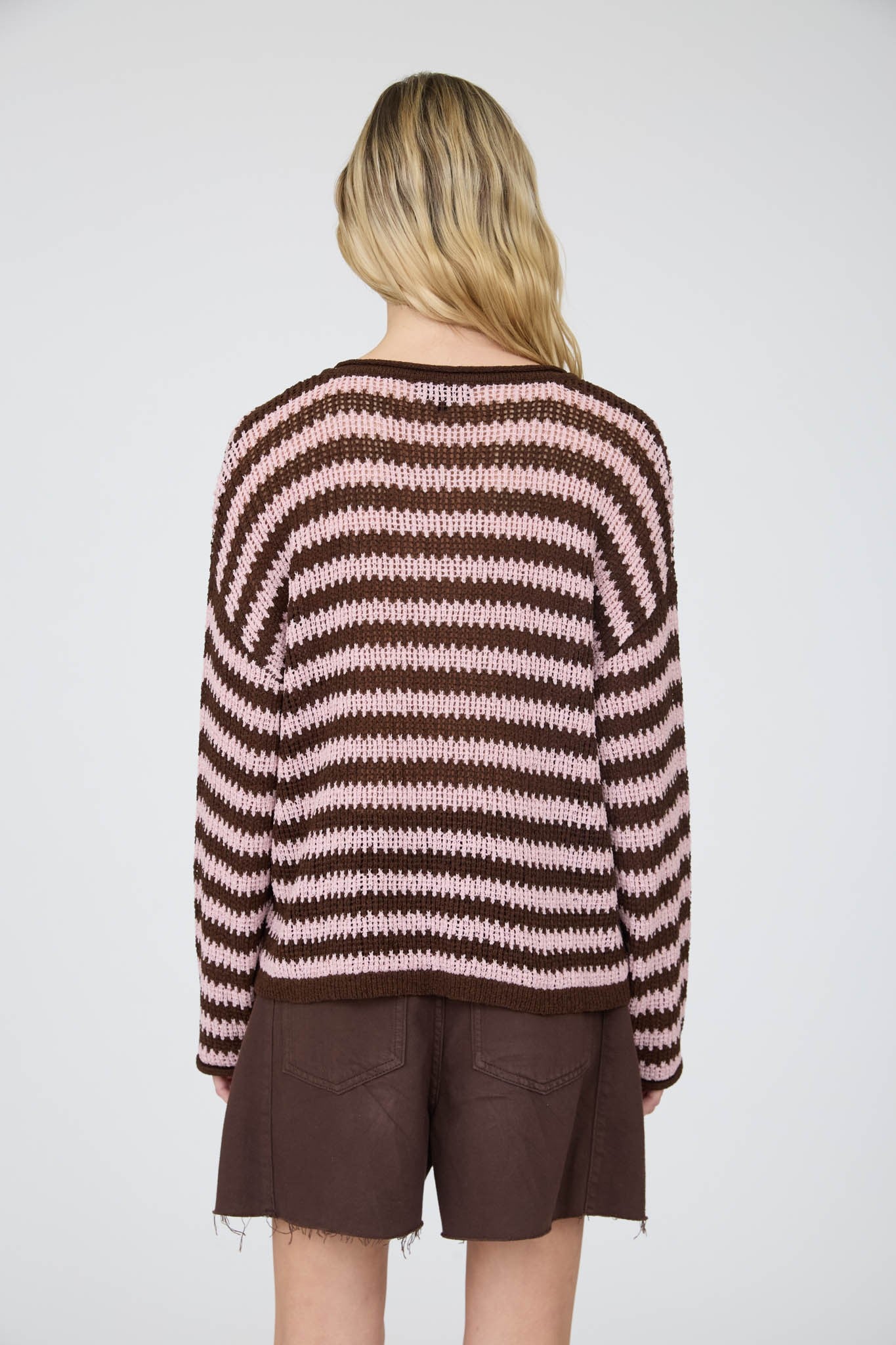 Striped Raw Edge Split Neck Sheer Knit Sweater