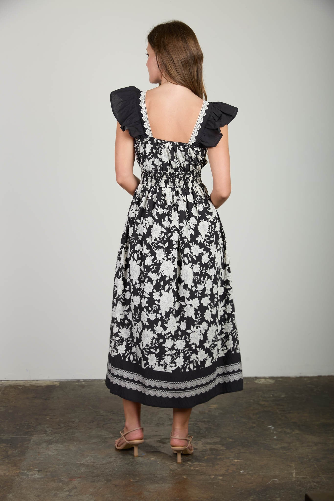Black Floral Border Detail Smocked Waist Midi Dress