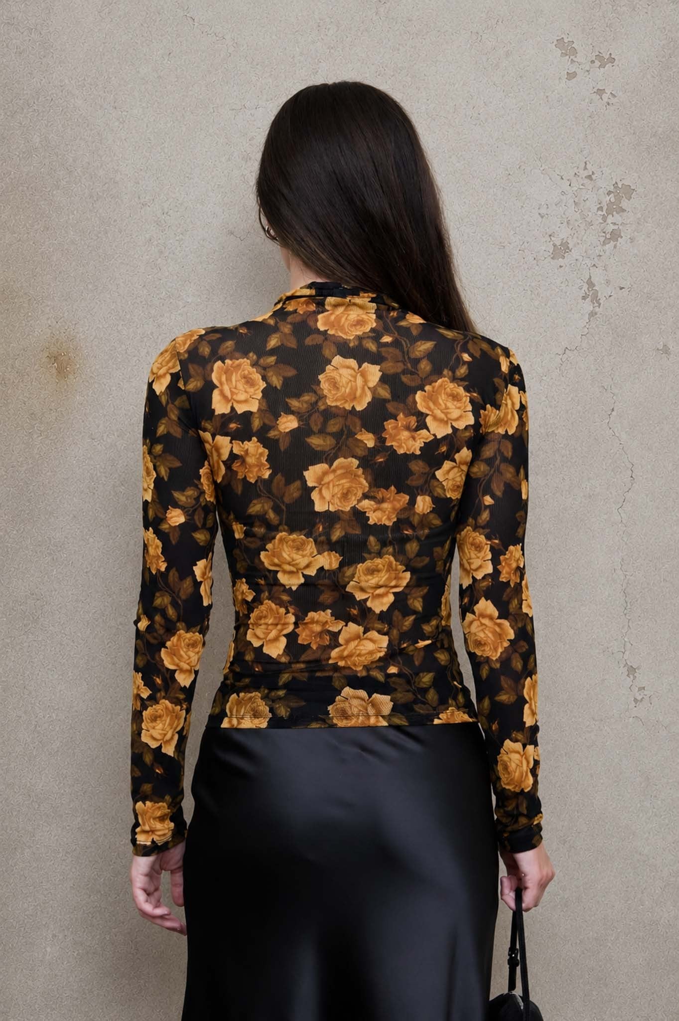 Black With Yellow Floral Mesh Mock Neck Long Sleeve Knit Top