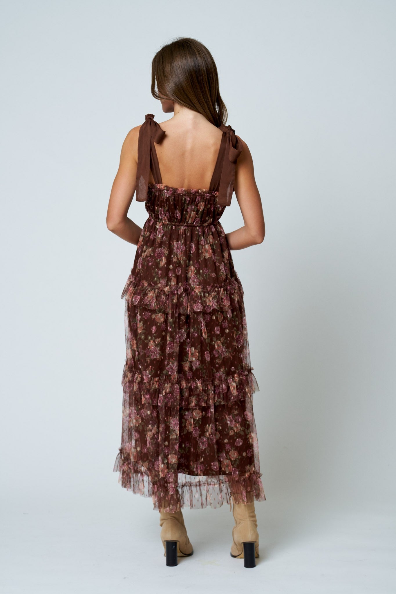 Brown Floral Chiffon Tie Strap Ruffled Tiered Midi Dress