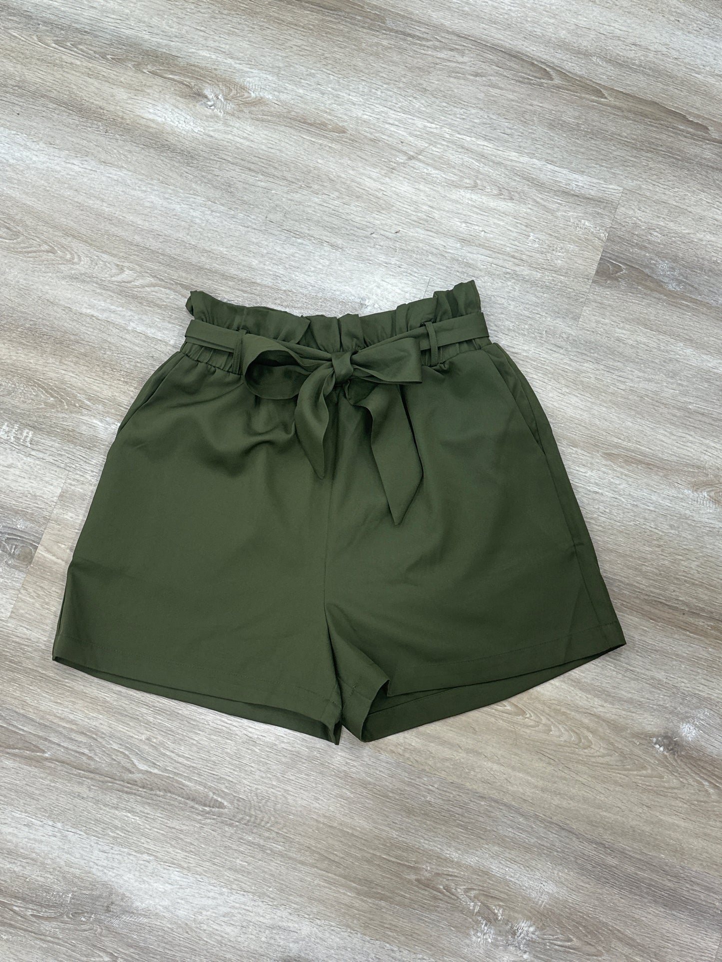 Olive Solid Belted Paperbag Shorts