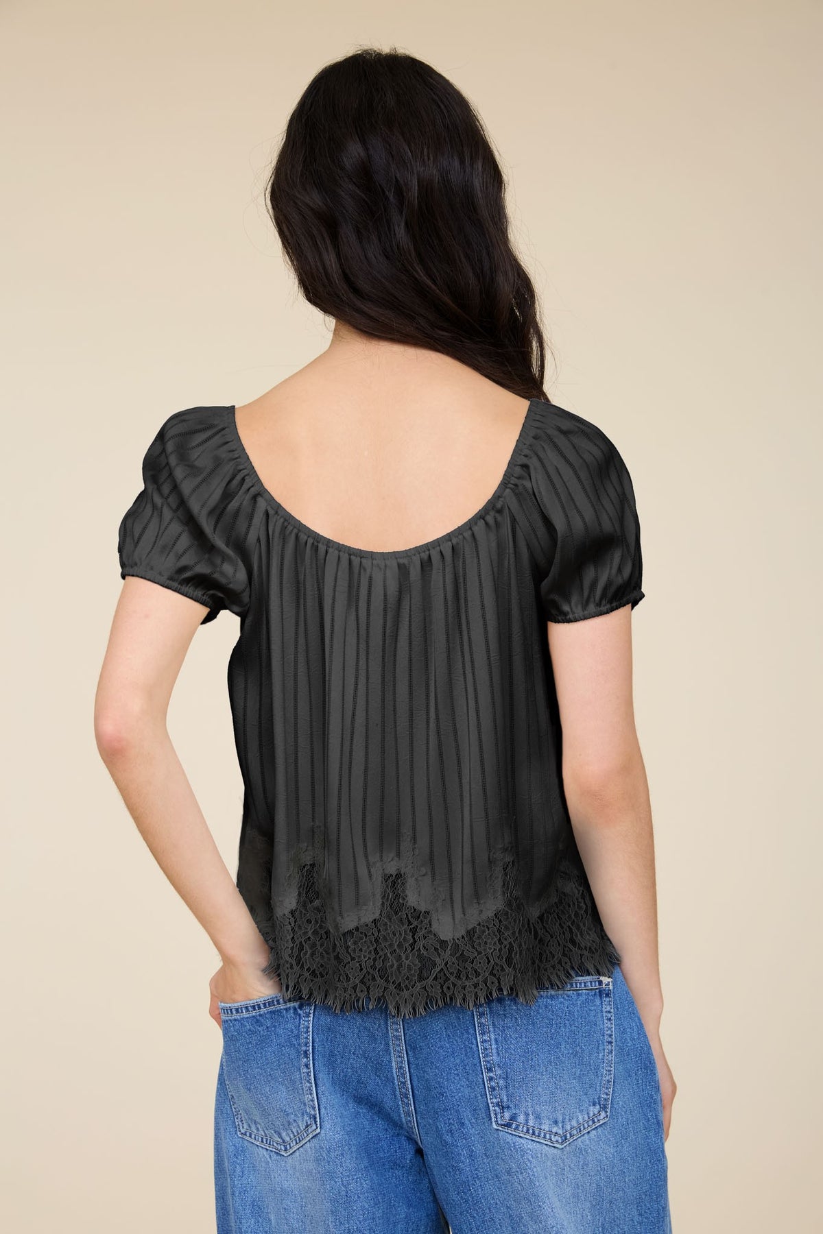 Pinstripe Lace Hem Puff Sleeve Top