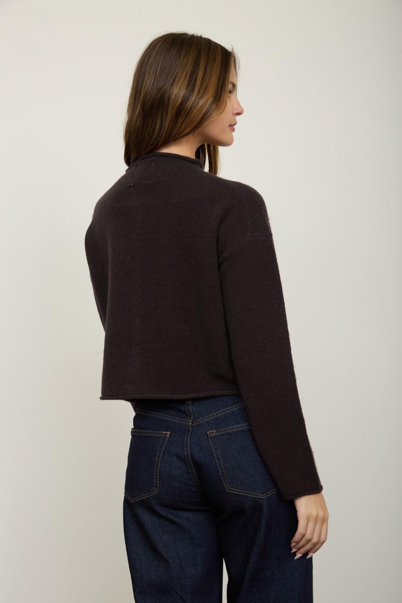 Raw Edge Mock Neck Button Down Cardigan