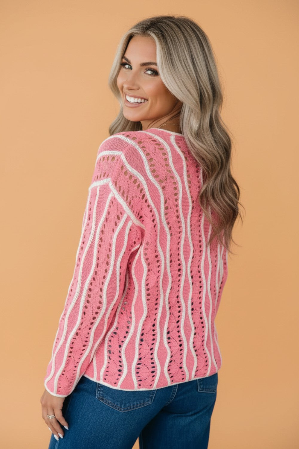 Pink Colorblock Wavy Knit Long Sleeve Sweater