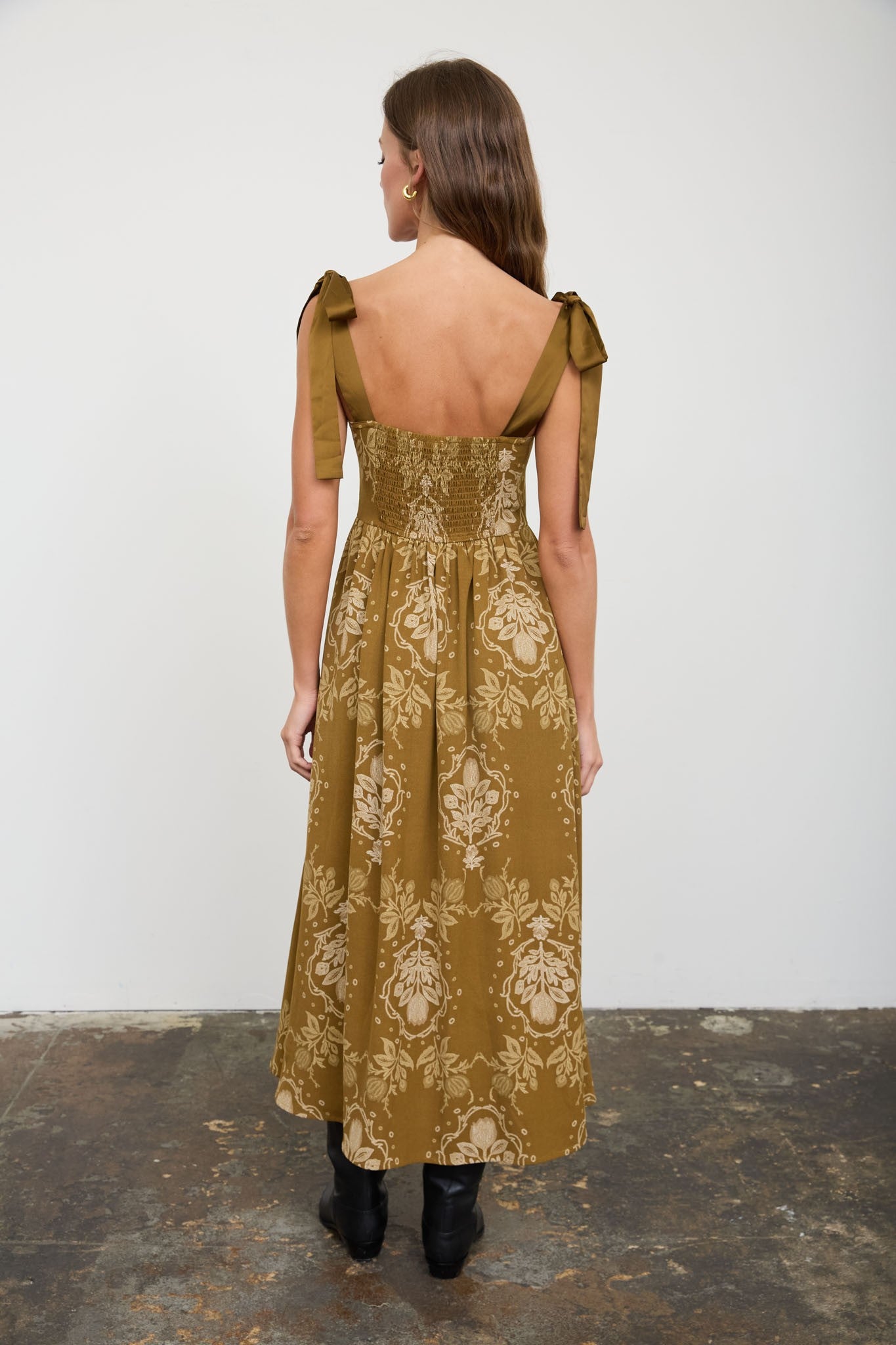Dark Olive Medallion Pattern Tie Strap Midi Dress