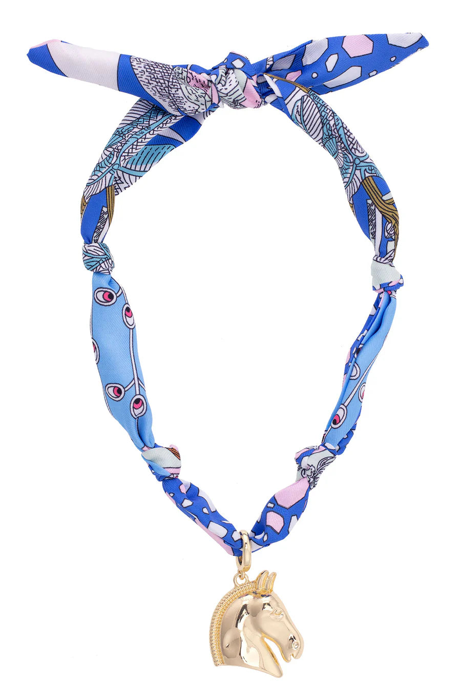 Horse Head Scarf Necklace in Light Blue/Light Pink/White