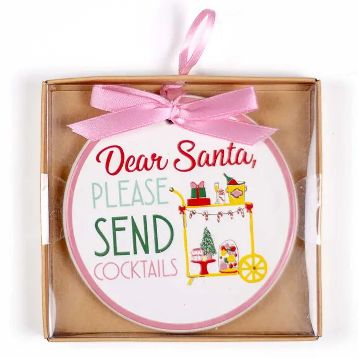 White/Pink Santa Send Cocktails Round 4" Ornament