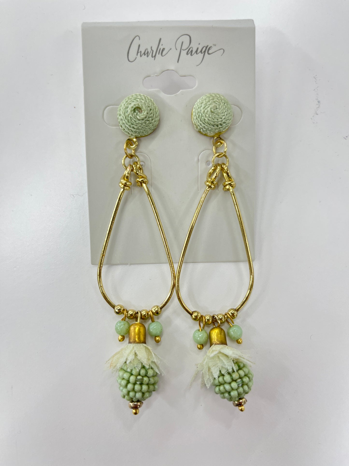 Gold Teardrop Dangle Earrings With Sage Bead Detail